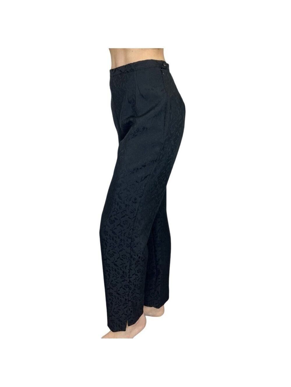 Vintage 80s 90s black floral damask high rise tailored straight leg trousers 6